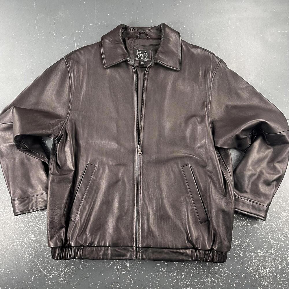 Jos A Bank Leather Jacket Mens Large Black Full Zip Soft Supple Dress Old Money
